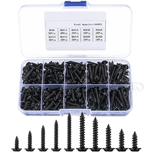 Image of XxinXrong Cross head self-tapping screw with washer | 300 pieces M3/ M4, disc head self-drilling wood screw classification kit, black round countersunk mechanicalfastener,black