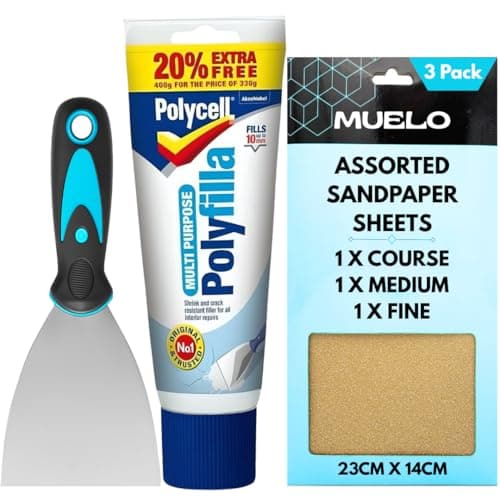 Image of Polycell Polyfilla Ready Mixed Tube 396g All Purpose Filler Interior Exterior Plaster Wood Stone Cracks Holes Smooth Filler For Walls With Muelo Metal Wall Filler Tool 3" and 3 Mixed Grit Sandpapers