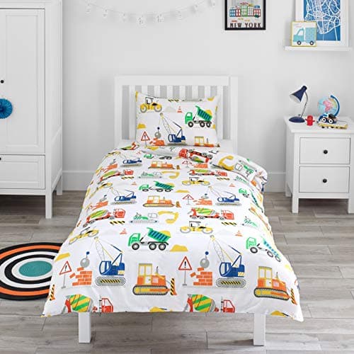 Image of Bloomsbury Mill - Kids Single Duvet Cover Set - Childrens Single Bedding for Boys and Girls - Construction Diggers Single Bed Duvet Cover Set with Pillow Case - 135x200cm