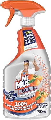 Image of Mr Muscle Platinum Cleaner Spray 750ml | Antibacterial Multi-Surface Cleaner | Removes Grease, Grime & Soap Scum (Mr Muscle Platinum Bathroom Mandarin Orange 750Ml)
