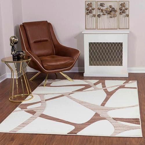 Image of Livabliss Vichy Abstract - Area Living Room 160x213 cm, Dining Room, Lounge, Kitchen, Bedroom - Modern Marble Large, Soft Luxurious Easy Care Medium Pile, White, Brown and Beige