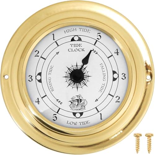 Image of 3.85In Tide Clocks for East Coast – Brass Tide Clock for High and Low Tides, Small Wall Hanging Nautical Boat Clock, Weather Station Ocean Decor Atlantic Accessories for Fishing and Beach Activities