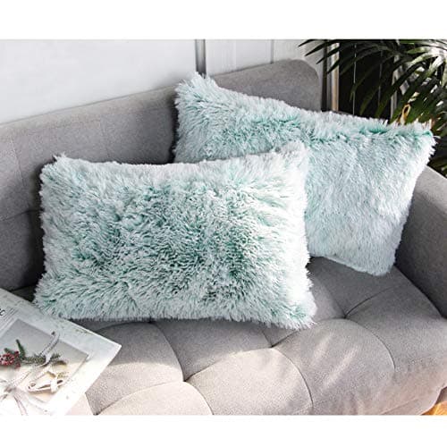 Image of Uhomy 2 Packs Fluffy Plush Pillow Cover 12"x20", Luxury Green Ombre Soft Fluffy Faux Fur Throw Pillow Cover Cushion Case for Sofa Bed, Green Ombre 30x50 cm, Fall Winter Home Decorative