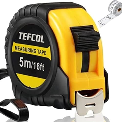 Image of TEFCOL Retractable Tape Measure 5m 16Ft, Heavy Duty Nylon Coated Measuring Tape, Imperial and Metric Measurement with Metal Belt Clip (Black Yellow)