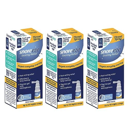 Image of Snoreeze Anti-Snoring Throat Spray - Effective Snoring Aids for Men & Women - Fast Acting Lubricating Thermo Gel - Snore Stopper to Use with Mobile App - Triple Pack -23,5ml Each - 150 Nights Use
