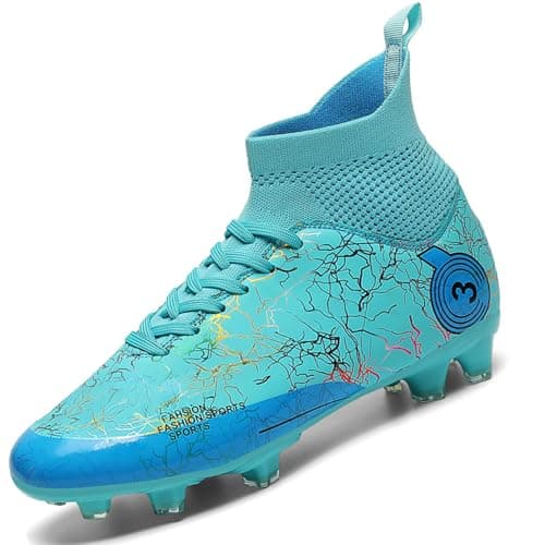 Image of HODTOB Boys Football Boots Shoes Kids Girls Soccer Astro Turf High Top Spikes Non-Slip Junior Soccer Shoes Sports Athletics Training Shoes Outdoor Sneakers for Unisex Moon-5UK