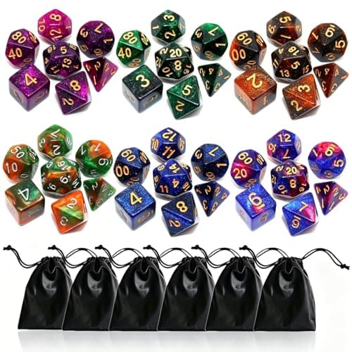 Image of Polyhedral DND Dice Set-6 Pack Double-Colors Nebula Dice Sets Compatible with Dungeons and Dragons D&D Role Playing Game RPG Games Dice with D4 D6 D8 D10 D% D12 D20 (6 Glitter Dices)