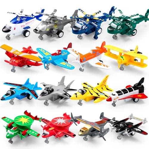 Image of JOYIN 16 Pcs Pull Back Airplane Toys, Boys Plane Playset, Aircraft Incl Helicopter, Fighter, Bomber, Biplane Model, Gifts for Toddler Kids 3+ Years Old, Kids Presents, Treasure Box Toys for Classroom