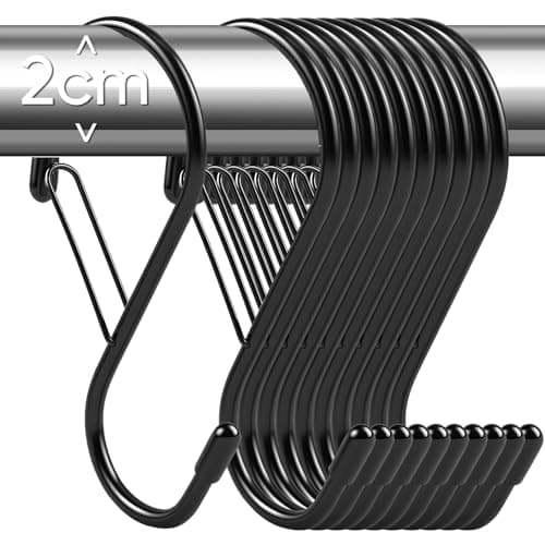 Image of 10 Pack 10cm Large S Hooks for Hanging with Safety Buckle- Heavy Duty Solid Metal Steel Black S Shaped Closet Hooks for Hanging Plants, Kitchen Utensils, Jeans, Bags, Pots, Fit Most of Rod