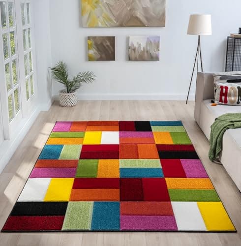 Image of Lord of Rugs Quality Handcarved Geometric Design Rainbow Multi Coloured Rug Largo Multi, Small 80x150 cm (2'6"x5')