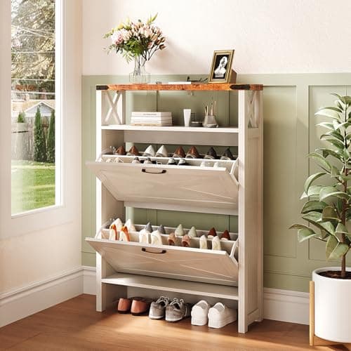 Image of Bonnlo Barn Door Shoe Storage Cabinet, 80cm Wide Shoe Storage & Shoe Cabinet with Shelf, Retro Brown Top & Washed White, 2 Flip-Down Doors