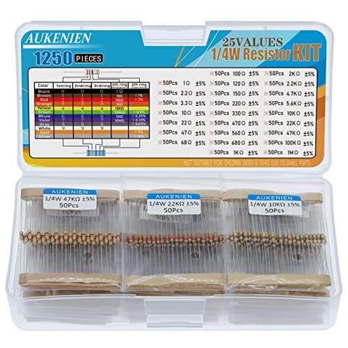 Image of AUKENIEN 1250pcs 25 Values 1/4W Carbon Film Resistor Assortment Kit 1 2.2 3.3 10 22 47 68 100 120 150 220 330 470 560 680 1K 2K 2.2K 4.7K 5.6K 10K 22K 47K 100K 1M Ohm 1/4 Watt 5% Resistors Pack