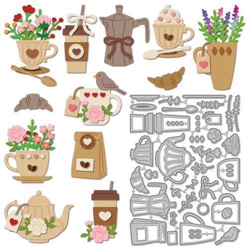Image of GLOBLELAND Flower Cup Cutting Dies for Card Making Coffee Teapot Metal Die Cuts Bird Afternoon Tea Die Cut Dies for DIY Embossing Scrapbooking Paper Crafts Decor