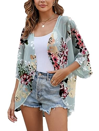 Image of Heynino Womens Kimono Sheer Loose Bell Sleeve Swimwear Cover ups Boho Floral Cardigan Shawl Wraps Green XL