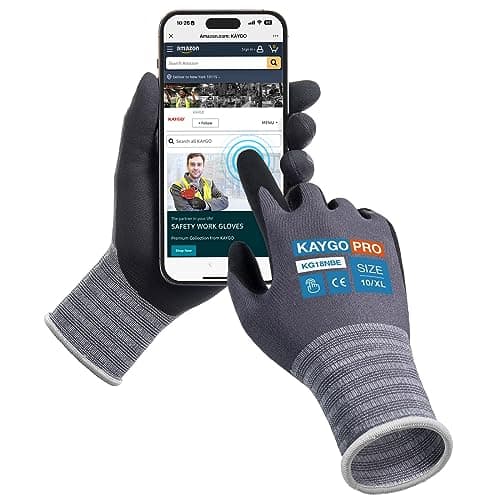 Image of KAYGO 3 Pairs Safety Work Gloves MicroFoam Nitrile Coated Touchscreen, KG18NBE, Working Gloves with Oil Resistant Grip on Palm, for Men Women, Ideal for General Purpose Automotive (X-Large, Grey)