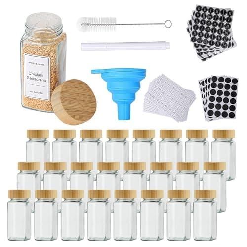 Image of 24 Spice Jars with Labels And Bamboo Lids, 120ml Glass Spice Containers with Shaker Lids Seasoning Jars Bottles with 180 Labels for Spice Rack Cabinet Drawer, 1 Pen, 1 Hose Brush, 1 Silicone Funnels