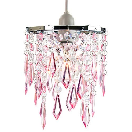 Image of Modern Waterfall Design Easy Fit Pendant Shade with Clear/Pink Acrylic Droplets and Beads - Chrome Metal Rings - 16cm Diameter by Happy Homewares