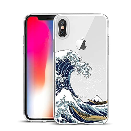 Image of Unov Case Compatible with iPhone Xs iPhone X Case Clear with Pattern Slim Protective Soft TPU Bumper Embossed Design Shock Absorption 5.8 Inch (Great Wave)