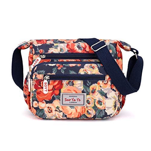 Image of Womens Multi-Pocket Casual Crossbody Handbags Waterproof Flowral Printed Shoulder Nylon Bags Travel Messenger Bags (Floral-Orange)