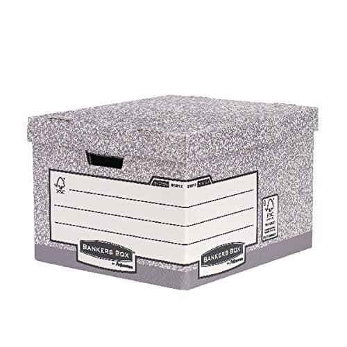 Image of BANKERS BOX 10 System Heavy Duty Large Storage Box with Lids - Cardboard Storage Box with Lids for Office Storage - Archive Boxes with Handles - W38 x H28.7 x D43cm (Pack of 10) - Grey