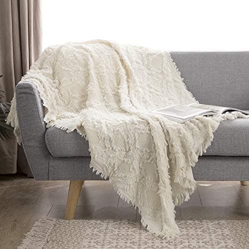 Image of Simple&Opulence 100% Cotton Throw Blanket for Bed, Couch, Boho Textured Geometric Knit Woven Blanket with Tassels Soft, Lightweight Breathable Shabby Chic Farmhouse Decoration for All-Season(White)