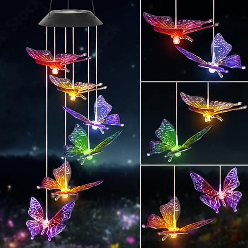Image of UXORSN Butterfly Solar Wind Chimes for Garden Mothers Day Birthday Gifts for Women Mum Grandma Color Changing Decorative Lights Waterproof Mobile Hanging Wind Chime for Patio Party Garden Decor