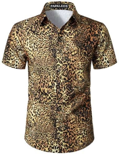 Image of PARKLEES Men's Leopard Print Shirt Casual Cheetah Printed Short Sleeve Button Down Shirt Light Brown Medium