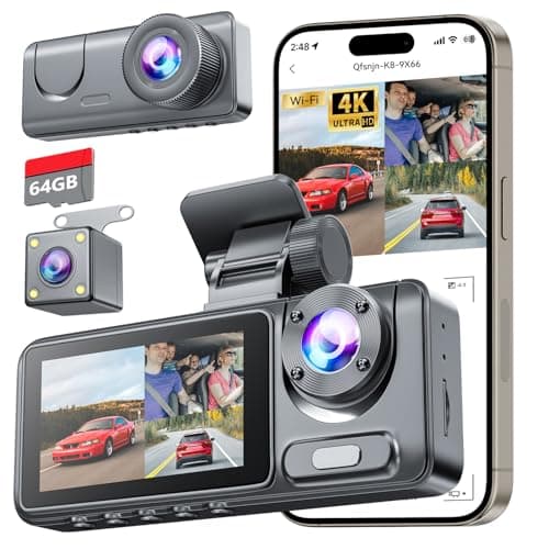 Image of Dash Cam with 64GB SD Card, 3 Channel Dash Cam Front and Rear, 4K Full HD Dashcam for Cars, Dashcam Front and Rear Camera with Night Vision, Loop Recording, 24H Parking Mode, G-Sensor, 170°Wide Angle
