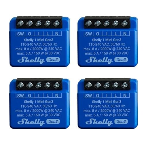Image of Shelly 1 Mini Gen 3 | 4 Pack | WiFi and Bluetooth Smart Switch 1 Channel 8A | Home | Compatible with Alexa and Google Home | iOS/Android App | Dry Contacts
