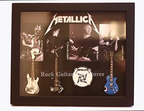 Image of RGM8861 James Hetfield Kirk Hammett Miniature Guitar Collection in a shadowbox frame. A delightful gift for any rock fan