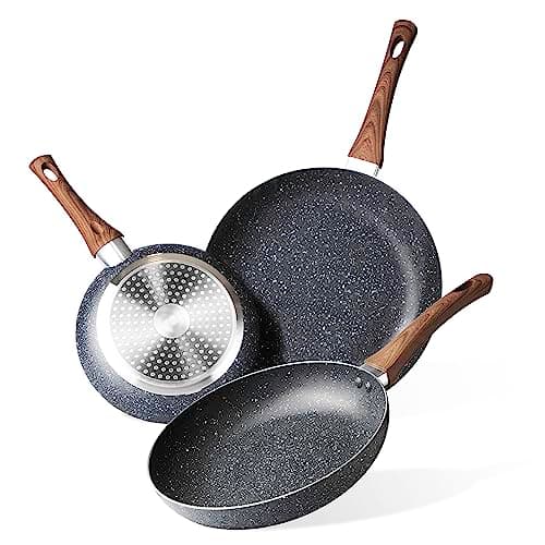 Image of nuovva Induction Hob Pan Set – 3pcs Non Stick Frying Pan – Kitchen Cookware Nonstick – Marble, 20cm, 24cm & 28cm Frying Pans Set