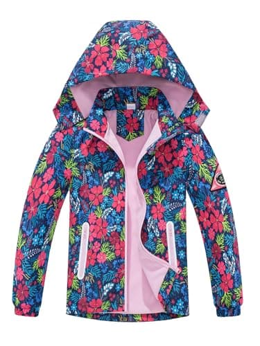 Image of NATUST Girls Fleece Lined Raincoat Waterproof Jackets with Removable Hood Kids Active Jacket Flower Print Navy 7-8 Years