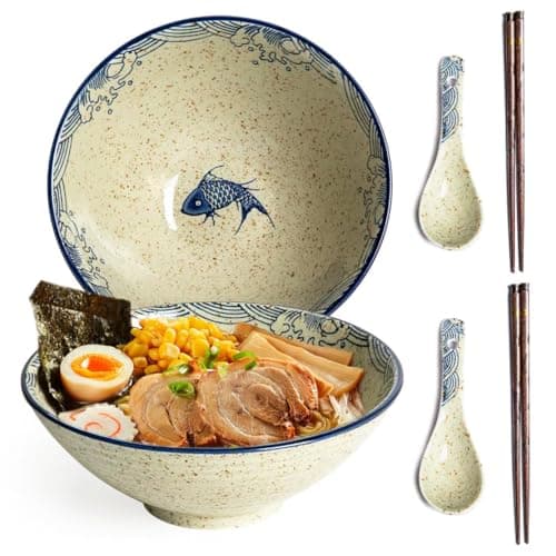 Image of HLWDXno1 Ramen Bowl Set of 2 Ceramic Noodle Bowl with Chopsticks & Spoons 1200ml Large Soup Bowls Japanese Style Retro Porcelain Microwave Tableware Ramen Gift Set for Salad,Pho,Pasta,Udon, Fish