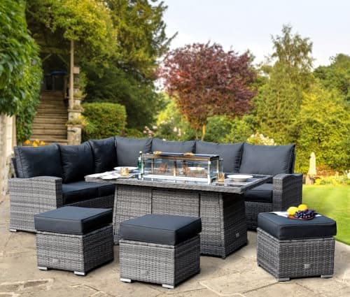 Image of Rattan Garden Furniture with Fire Pit Table - Premium Series - 8 / 9 Seater Outdoor Furniture Rattan Corner Sofa Corner Garden Patio Sets - FREE RAIN COVER (Dark Grey, Left Hand - Firepit Table)