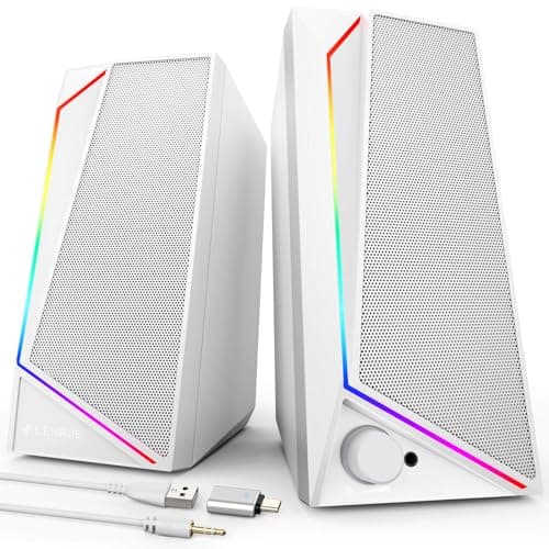 Image of LENRUE PC Speakers, USB Powered Computer Speakers with Loud Stereo Sound, Headphone-in for Desktop,Laptop, Monitor (USB-C Adapter Included) (White)