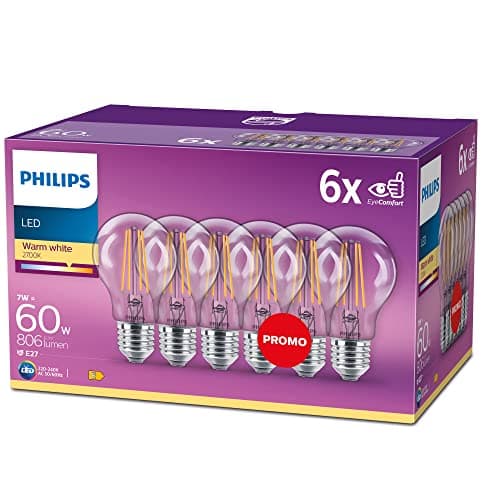 Image of Philips LED Premium Classic A60 Light Bulbs 6 Pack [E27 Edison Screw] 7W - 60W Equivalent - Warm White (2700K), Non Dimmable.