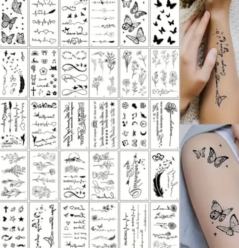 Image of 30 Sheets Fine Line Temporary Tattoos - Realistic Removable Body Art, Words, Patterns, Flowers, Botanical Leaves - 100s of Festival Tattoos