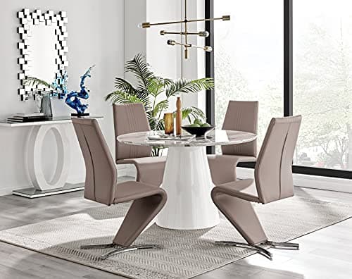 Image of Furniturebox UK Palma White Marble Effect Round Pedestal Dining Table and 4 Cappuccino Faux Leather 'Z' Shaped Willow Dining Chairs