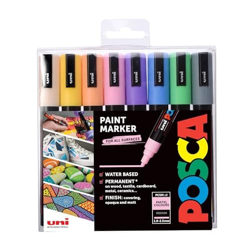 Image of POSCA Pens PC-5M Medium Tip Acrylic Paint Marker Pens, 8 Pastel Colours, For All Surfaces (Pack of 8 Pens)