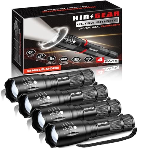 Image of HinsGEAR 1 Mode LED Torch 2000 Lumen Gift for Men Dad Kid, Bright Powerful Torches Water Resistant Flashlight for Camping Emergency, 4 Pack (Powered by 3xAAA or 1x18650 Battery, Not Included)