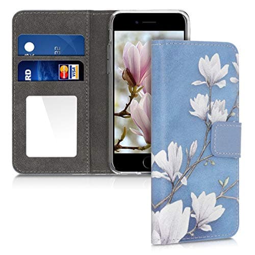 Image of kwmobile Case Compatible with Apple iPhone SE (2022) / iPhone SE (2020) / iPhone 8 / iPhone 7 - Cover with Card Slots and Mirror - Magnolias Taupe/White/Blue Grey