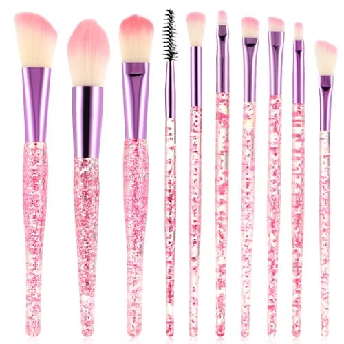 Image of WLLHYF Glitter Crystal Makeup Brush Set 10 Piece Bling Professional Foundation Concealer Eye Shadow Eyeliner Blush Lip Blending Synthetic Brushes Tools Kit Essentials Transparent Handle Women