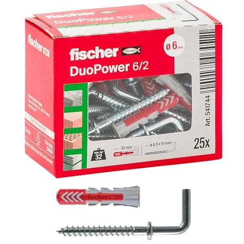Image of Fischer 541744 Dowel with Hook Duopower, Grey/Red, 25 pz, Set of 25 Pieces