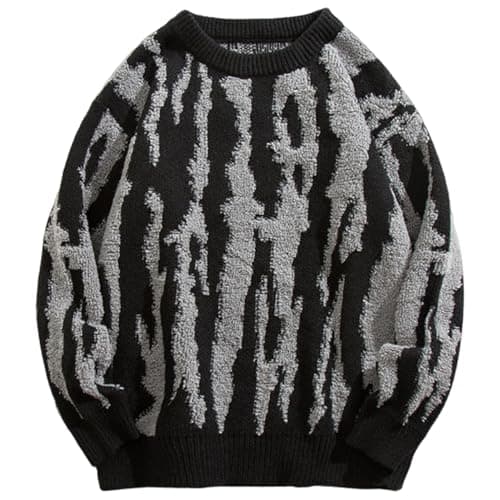 Image of Yimoon Mens Oversized Sweaters Y2K Aesthetic Flame Graphic Crewneck Sweatershirts Knitted Casual Pullover Jumpers, Black, Medium