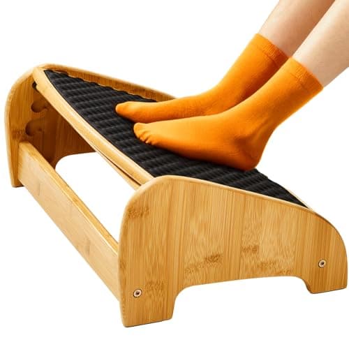 Image of HUANUO Bamboo Under Desk Footrest, Ergonomic Foot Rest with 4 Height Options & Adjustable Angles, Pebble Massage Surface, Non-Slip Foot Rest Under Desk at Work for Improved Posture, Home & Office