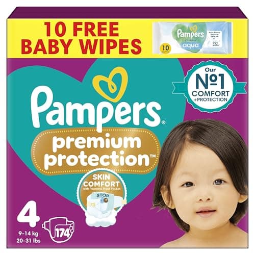 Image of Pampers Premium Protection Size 4, 174 Nappies, 9kg-14kg, Monthly Pack, Double protection - Skin comfort - Ultra-soft materials