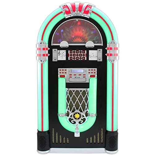 Image of Vinyl Jukebox Record Player Retro Vintage Stereo Entertainment Centre 7 Colour Changing LED Lights Remote Floor Standing Portable Wheels FM Radio Bluetooth AUX MP3 USB CD AUX