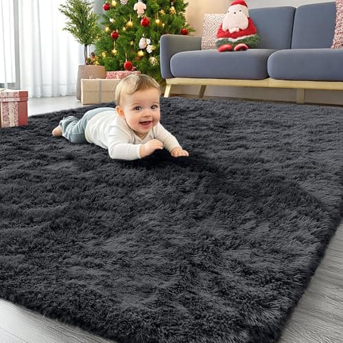 Image of Homaxy Fluffy Shaggy Rugs Living Room, Large Anti Slip Carpet, Machine Washable Soft Thick Pile Bedside Rug for Kids Bedroom, Nursery - Black, 140 x 200 cm