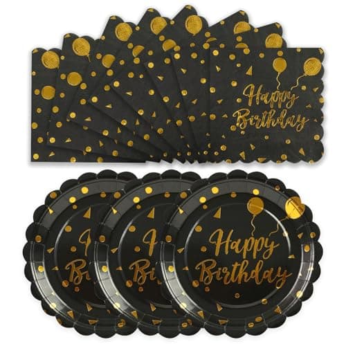 Image of HFBOBP 50PCS Happy Birthday Paper Plates and Napkins, 7 Inch Black and Gold Scalloped Cake Dessert Plates Disposable Tableware Party Supplies Decorations