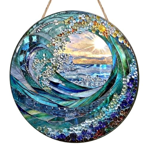 Image of Sea Waves Sun Catchers for Windows, Blue Wave Stained Glass Suncatcher, Acrylic Handmade Sun Catcher, Hanging Ornament for Garden and Home Decor, Suncatcher Gift for Women, Men & Wife